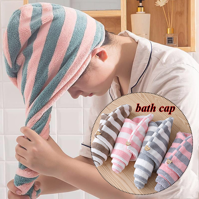 Tampão de cabelo seco toalha absorvente engrossado tampão de cabelo seco banho de banho tampão de cabelo seco listrado touca de chuveiro turbante macio toalha listrada