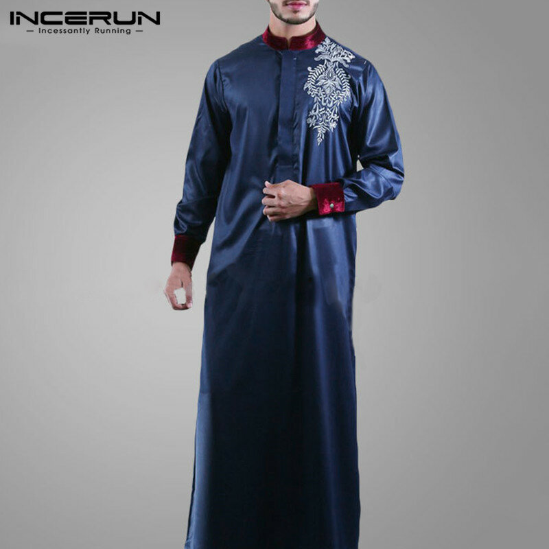 Incerun muçulmano kaftan islâmico men manga longa gola vintage impresso robes caftan 2021 dubai abaya árabe dos homens jubba thobe