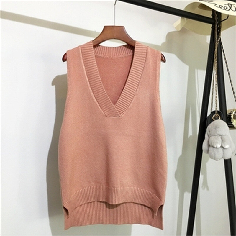 2021Solid V-neck Knitted Vest Women Loose Sleeveless Sweater Vest Autumn And Winter New Korean Wild Casual Pullover Khaki Jumper