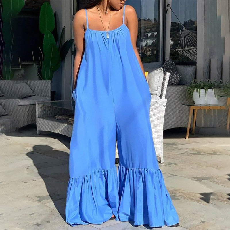 Solid Spaghetti Strap Flares Jumpsuit Women Pullover Backless High Waist Flared Pants Female 2021 Summer Lady Streetwear Pant
