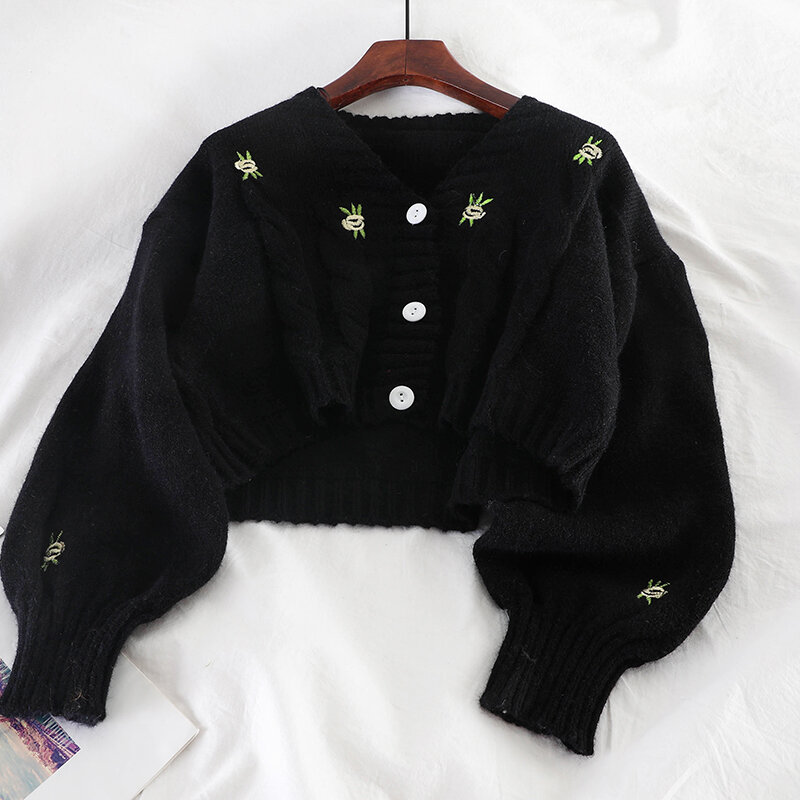Women Knitted Cute Fashion Loose Sweater Spring Autumn V-Neck Lantern Sleeve Embroidery Floral Harajuku Female Cardigan