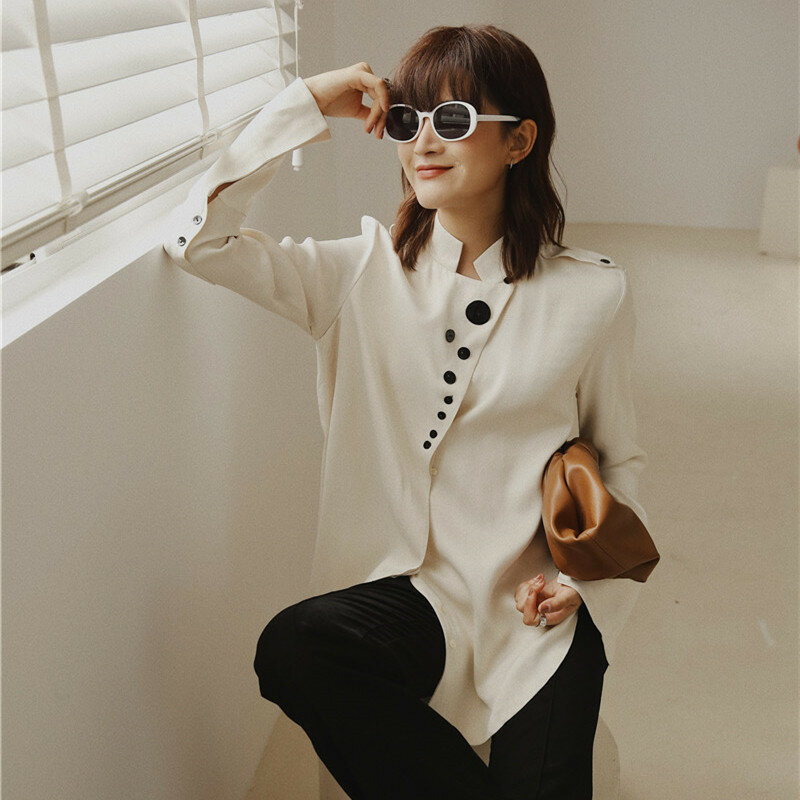 XUXI Korean Designer's shirt, Satin Shirt, Collar High Long Sleeve Shirt, Women's Fashion Shirt, Autumn 2020 FZ0953