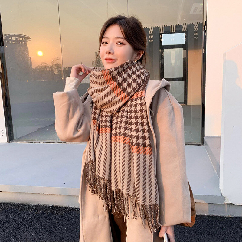 Luxo feminino imitação de cashmere linha xadrez cachecol franjas feminino novo estilo coreano dupla face xadrez quente xale outono e inverno
