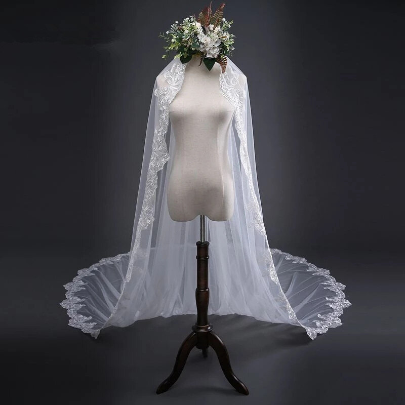 New White Ivory Cathedral Wedding Veils Long Lace Edge Bridal Veil with Comb Wedding Accessories Veu de Noiva Bride Veu