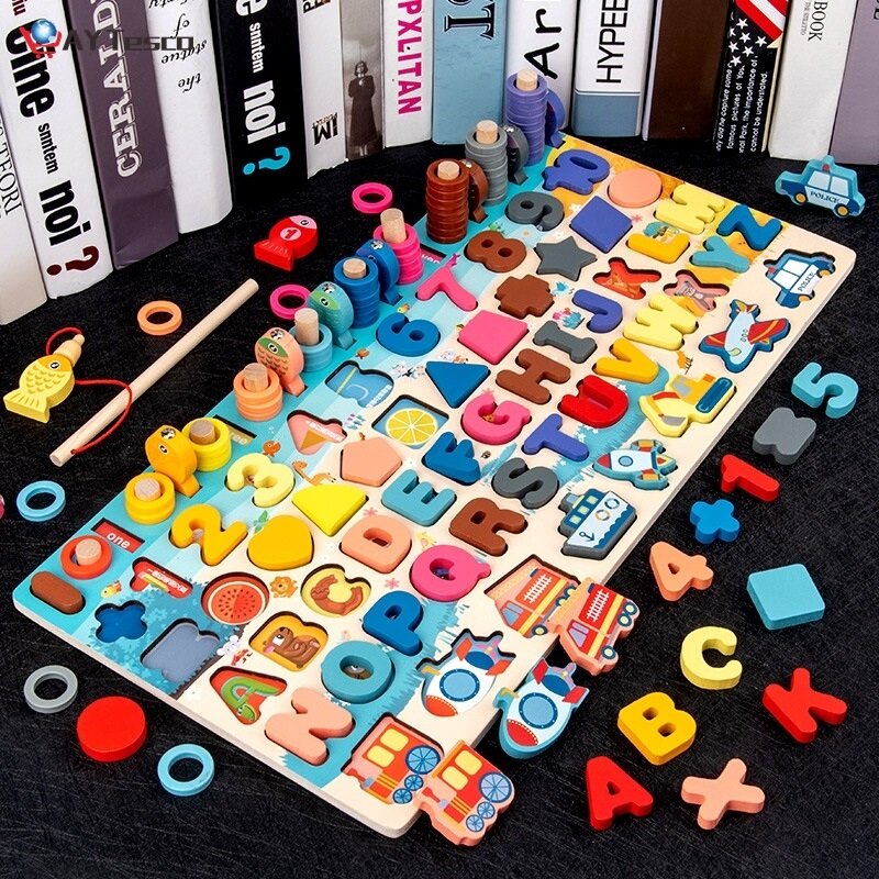 Jouets éducatifs en bois, plaque de chiffres 7 en 1, Puzzle de pêche pour enfants d'âge préscolaire, jouets de popites en maths