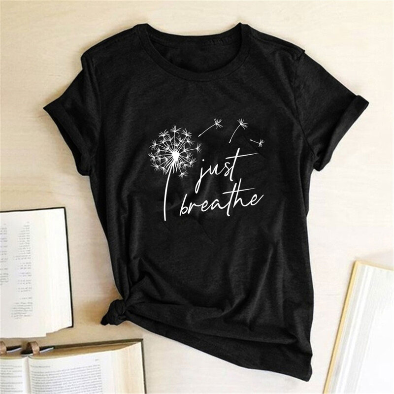 T-shirt Cetak Dandelion Just Breath Kemeja Musim Panas Wanita untuk Wanita Kaus Grafis Lengan Harajuku Kaos Leher Kru Mujer