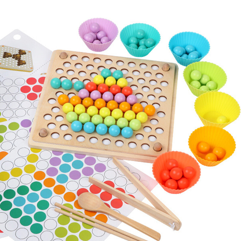 ไม้ที่มีสีสันลูกปัดปริศนาเกม Interactive Unisex เด็กเด็กการเรียนรู้ Montessori ของเล่นเพื่อการศึกษาคลิปลูกป...