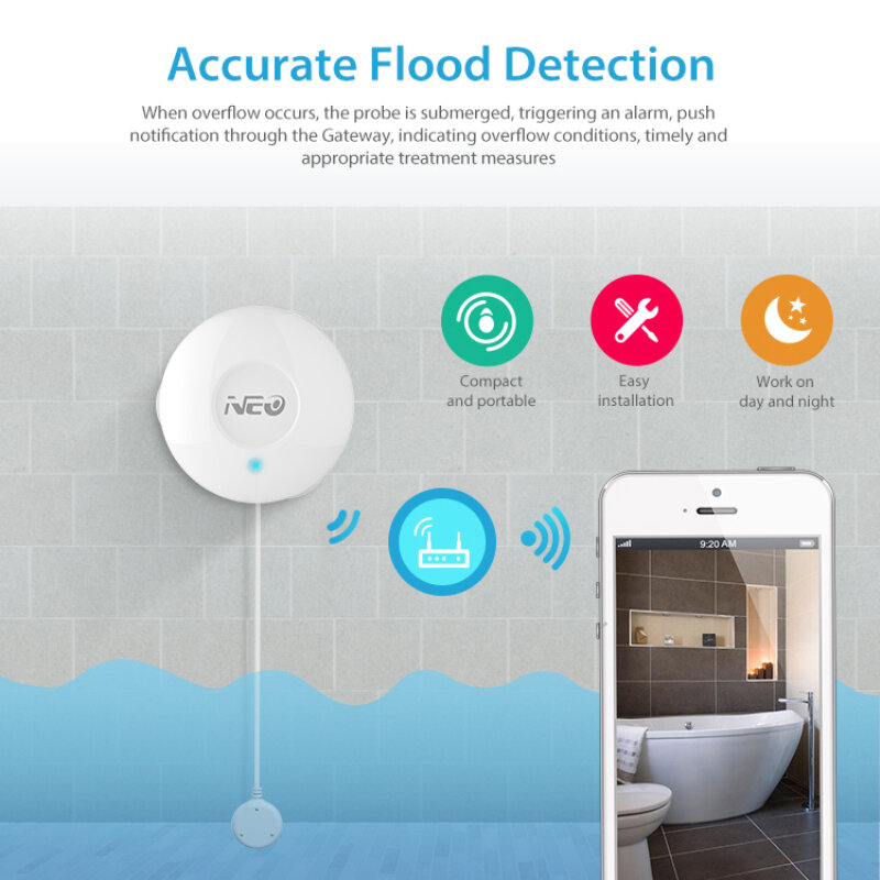 Neo coolcam-sensor inteligente de vazamento de água, sensor com alarme de vazamento de água, com sonda remota, resistente à água