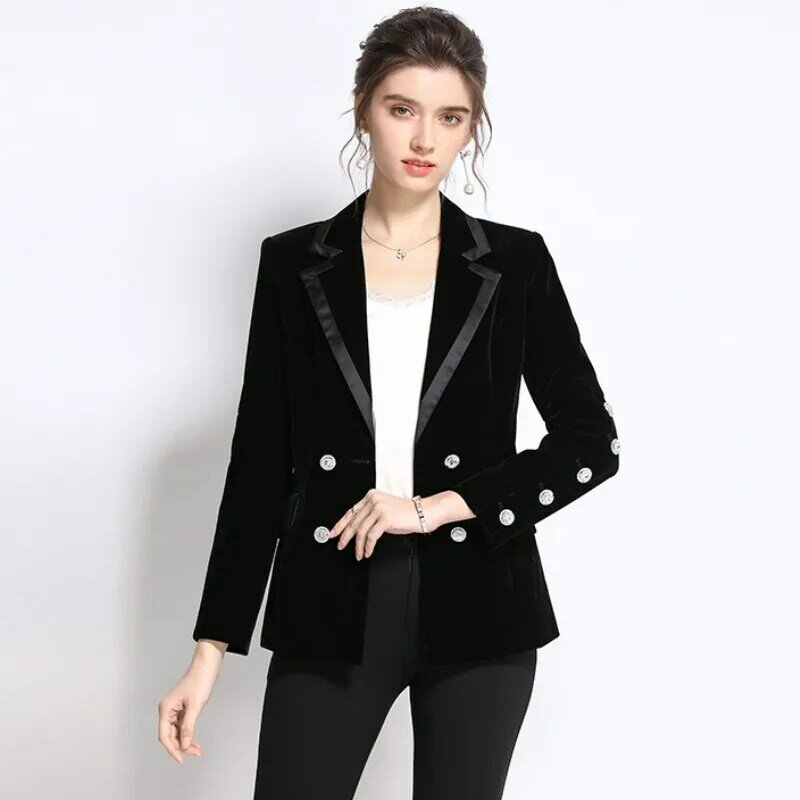 Chaqueta de terciopelo negro Vintage para mujer, traje de invierno con doble botonadura, manga larga, Blazer ajustado para oficina