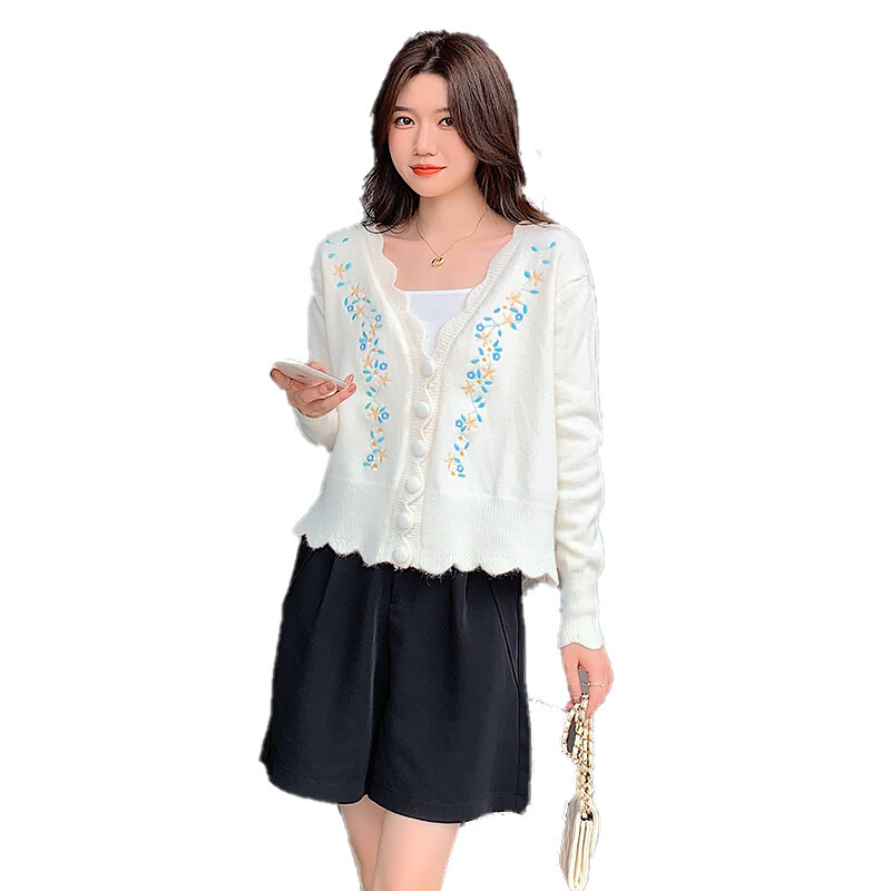 2021 Autumn and Winter New Korean Style Slim Lace Embroidery Single-breasted Knit Cardigan Sweater Fashion V-neck Sexy Sweater