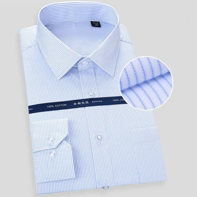 คุณภาพสูง-รีดผ้าผู้ชายแขนยาวเสื้อ2021ใหม่ชาย Plus ขนาดปกติ Fit Stripe ธุรกิจเสื้อสีขาว