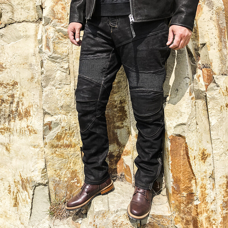 Pantalon de motard en cuir véritable pour hommes, noir, Style moto, grande taille 4XL, en véritable peau de mouton naturelle, Slim Fit, printemps, 2021