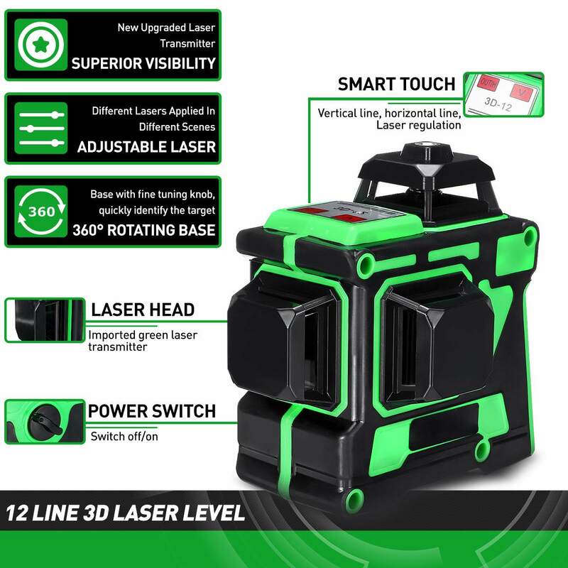 Мощный лазерный 3D уровень, 12 линий, зеленый луч, 360 градусов, горизонтальный и вертикальный