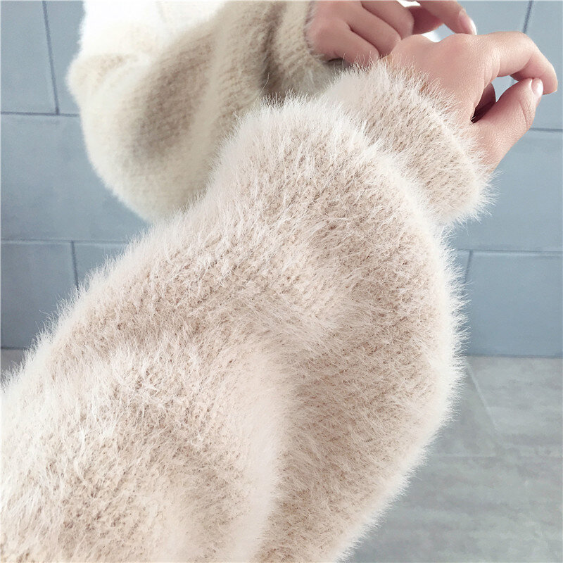 Krótki sweter fioletowy stałe Kawaii miękkie wełniane zimowe dziewczyny moherowe jesienne swetry rękawy typu lampion luźne kaszmirowe aksamitne dzianiny