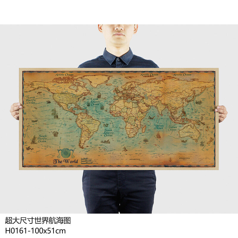 Pc001-carta náutica del mundo de papel nostálgico Retro grande, póster de mapa, gráfico de pared, decoración del hogar, pegatina de pared, 100x51cm