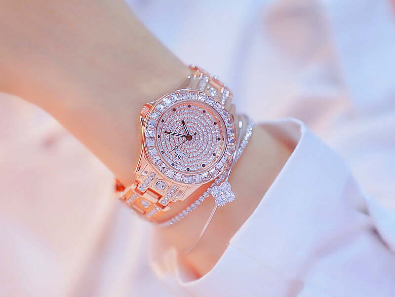 Bs novo relógio de pulso de cristal feminino, relógio inteiramente com diamantes para mulheres pulseira de quartzo 0801835
