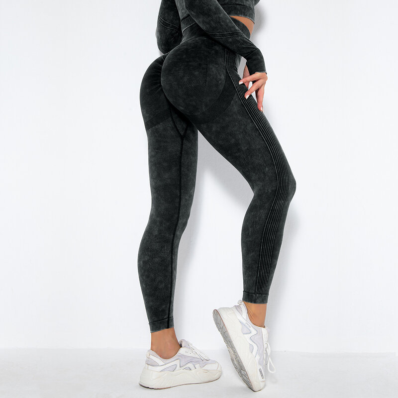 Calças de yoga sem costura lavadas mulheres correndo leggings fino esportiva alta elástica empurrar para cima calças de fitness cintura alta workout yoga