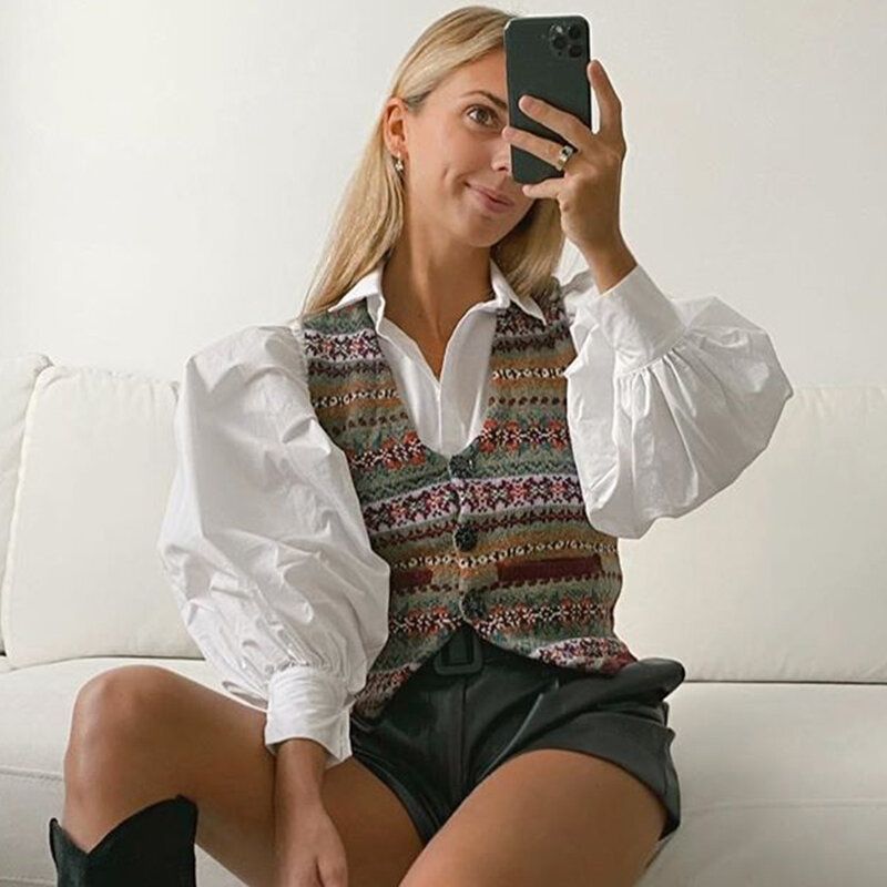 Ardm – gilet tricoté géométrique pour femme, vêtement d'hiver Chic avec bouton fleuri, Style anglais