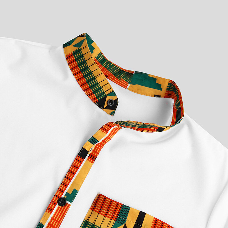 INCERUN – chemise à col montant et manches courtes pour hommes, imprimé Floral, ethnique, Vintage, boutons amples, Streetwear, vêtements africains, S-3XL 7