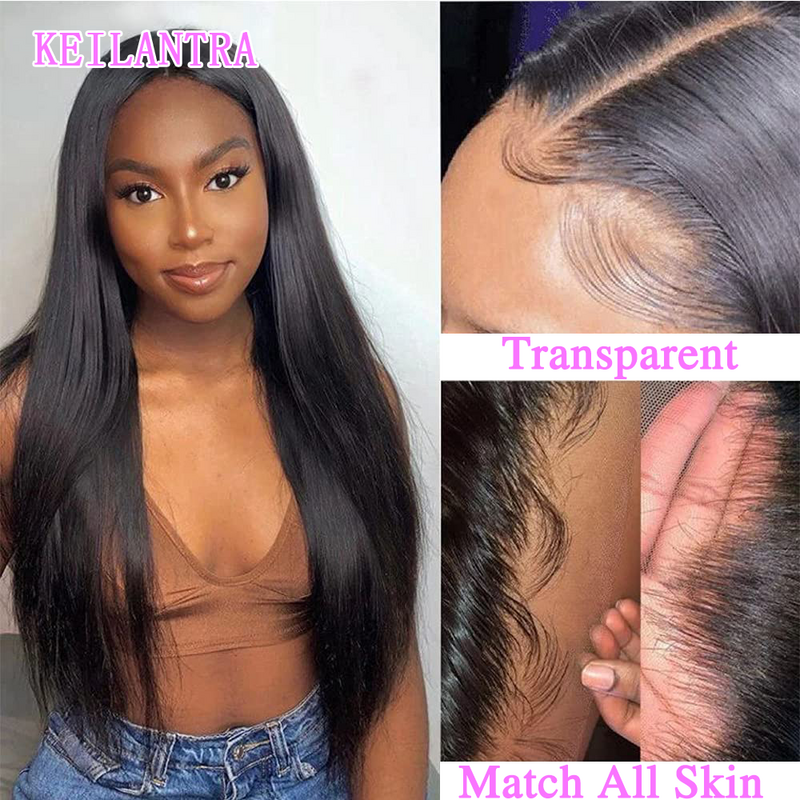 Peluca de cabello humano liso para mujeres negras, postizo de encaje Frontal 4x4, Color Natural, transparente, prearrancado, brasileño, 30 en 180%