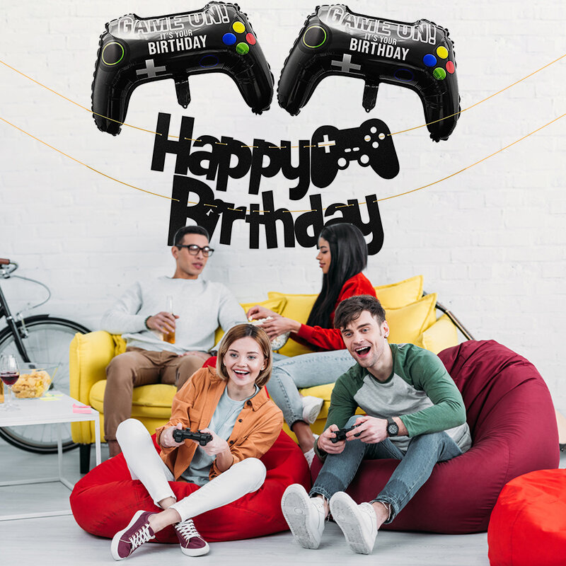 25個ビデオゲーム誕生日パーティー男の子ゲームコントローラ箔風船聖パトリックの日の装飾の誕生日バナー光沢のあるケーキトッパー 子供のパーティー