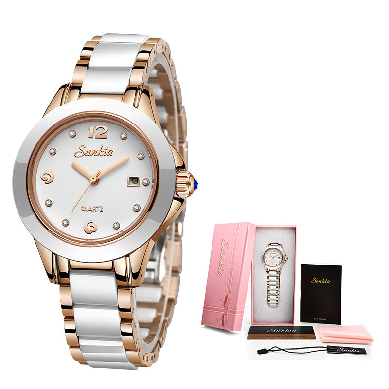 SUNKTA แฟชั่นผู้หญิงนาฬิกา Rose Gold ผู้หญิงสร้อยข้อมือนาฬิกา Reloj Mujer 2021New CeramicWaterproof ควอตซ์นาฬิกาสำหรับสตรี