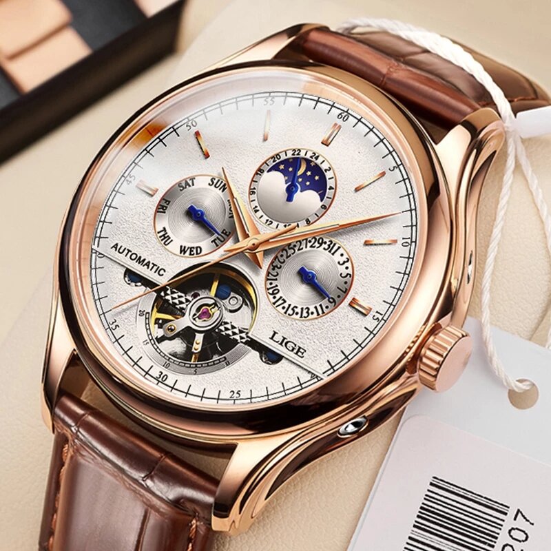 Ligeファッション時計の高級ブランドの革トゥールビヨン腕時計自動メンズ腕時計男性用機械式鋼腕時計モンタオム2021