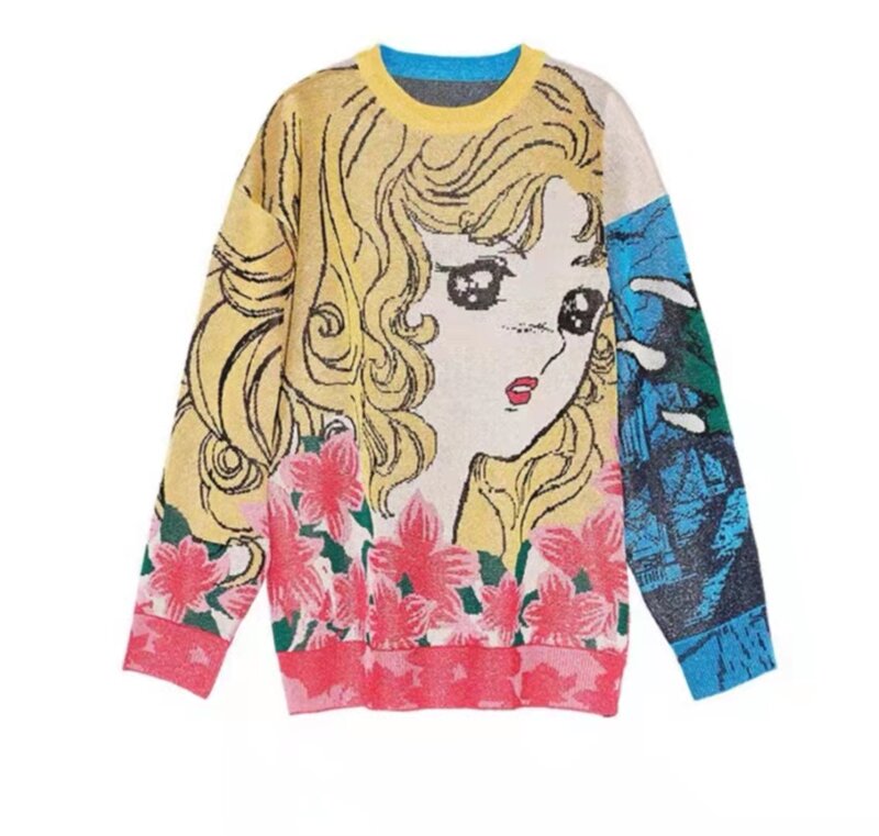 Fashion Tide  Autumn Winter Women Cartoon Pullover Sweaters Kpop  Hit Color Mujer Vintage O Neck Long Sleeve Jumper Femme Ins
