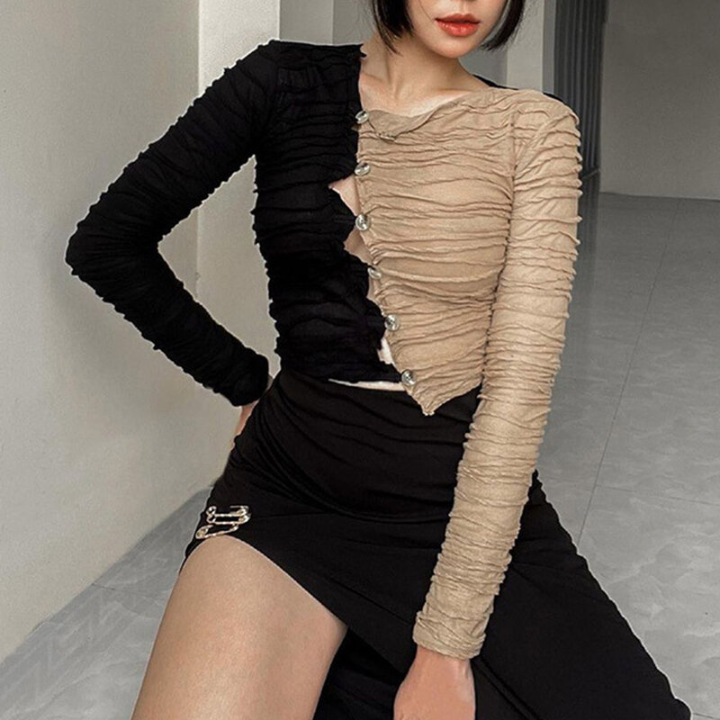 Женская рубашка в готическом стиле, рубашка в стиле High Street с контрастными вставками, V-образным вырезом и длинным рукавом, весна-осень 2021