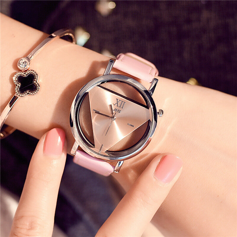 Triângulo oco dial design criativo relógios moda feminina novidade quartzo relógios de pulso simples preto branco couro unisex relógio