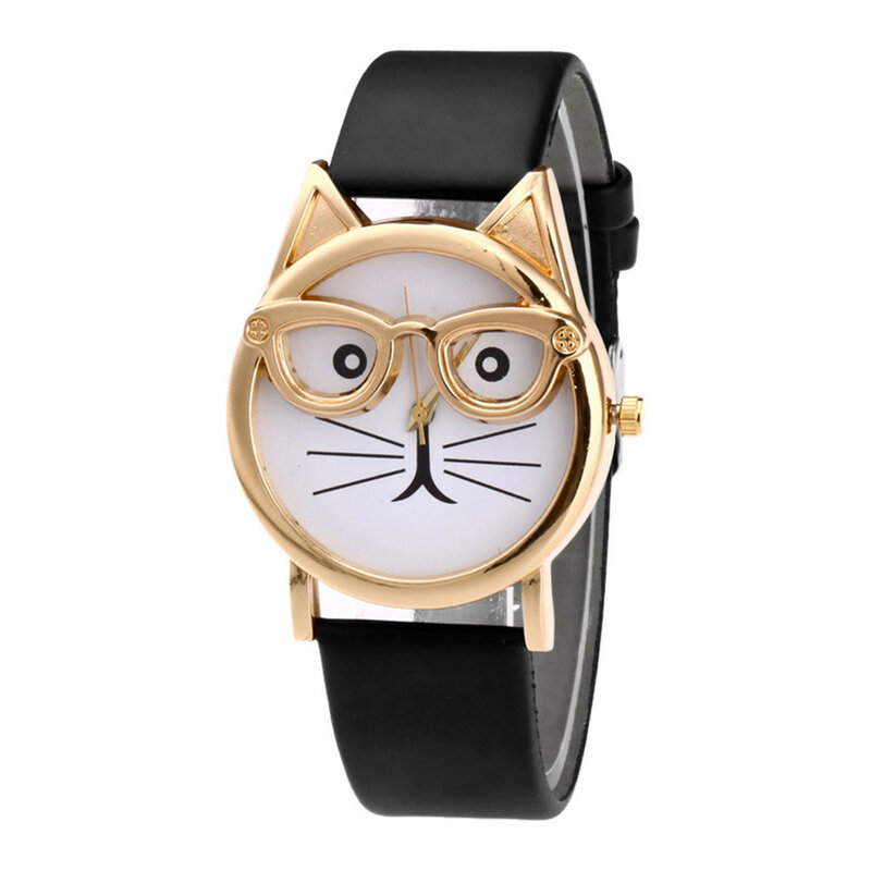 2020 Women Fashion  Lovely Cat Quartz Watch Braceletes Stainless Steel With Glasses Dial Watch Minimalist Sleek Quartz Watch