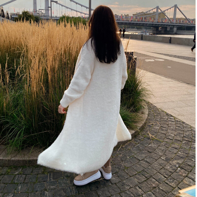 2022 coreano outono feminino trench elegante solto de manga comprida quente cor sólida vison-como casaco de pele com cinto