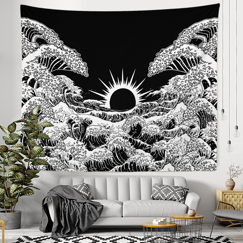 Tapices japoneses para decoración de pared del hogar, decoración colgante para sala de estar, manta de pared de onda negra, 95x73 cm