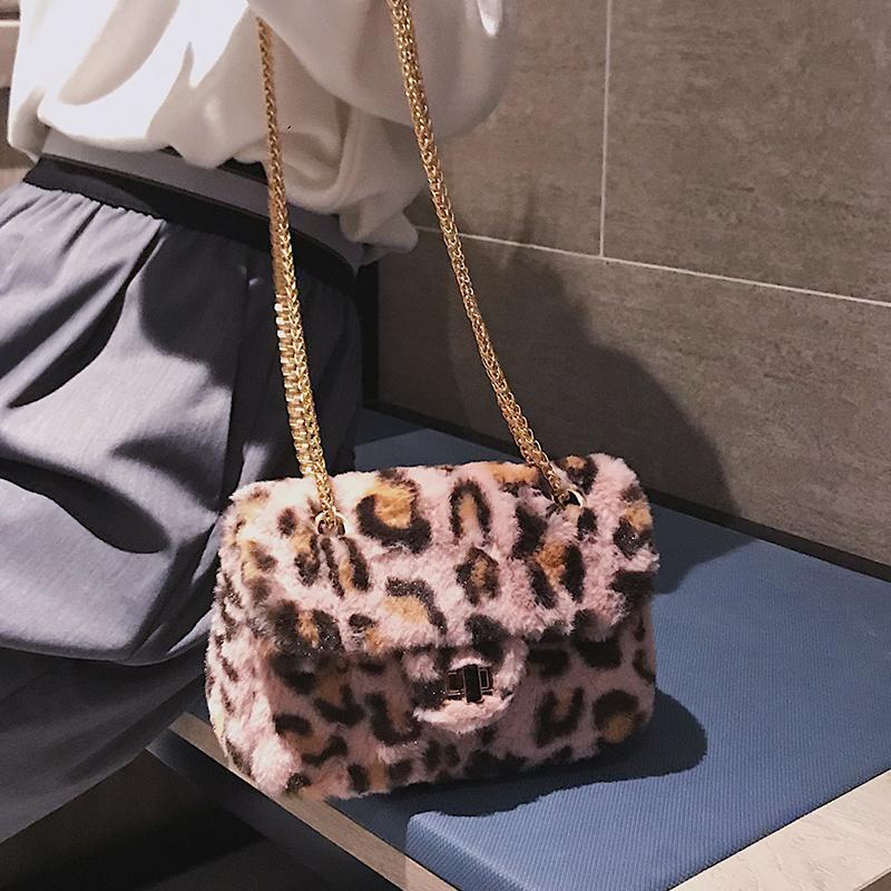 Borsa a tracolla pelosa leopardo femminile con catena quadrata piccola peluche per donna 2021 nuove borse di lusso Designer Crossbody Case