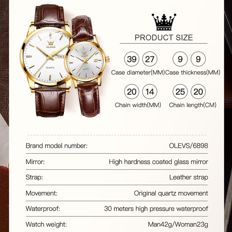 OLEVS – montres à Quartz pour Couple, marque de luxe, bracelet en cuir, décontracté, pour amoureux, calendrier