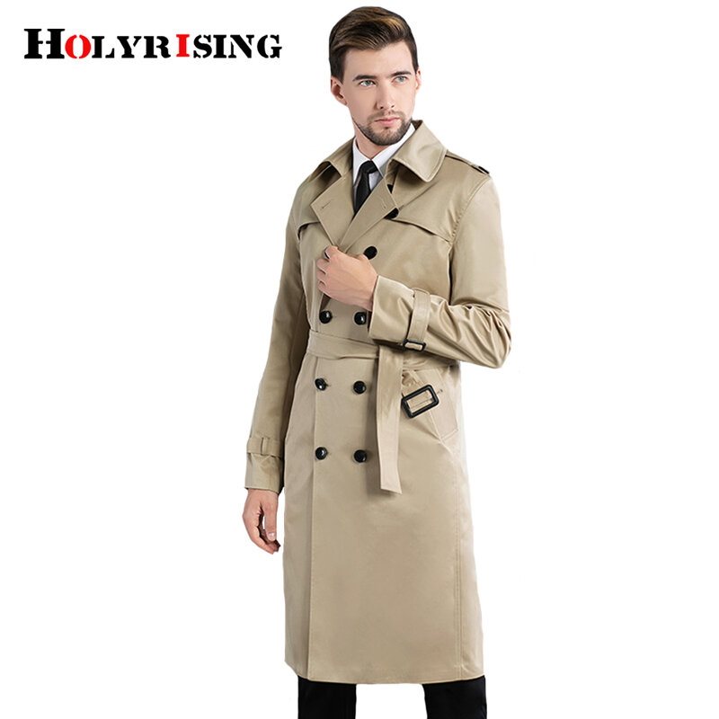 Holyrising-gabardina Larga con cuello vuelto para Hombre, abrigo largo ajustado, cortavientos, ropa de estilo británico, 18935-5