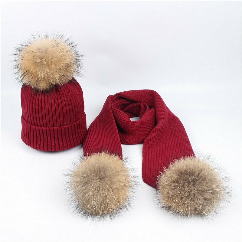 Wixra-gorro de bola de piel de zorro + bufanda de punto, conjunto de 2 piezas, ropa de invierno, gorro grueso para mujer, otoño
