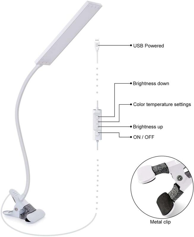 KEXIN lampa biurkowa LED możliwość przyciemniania Clip Light 14 poziom jasności 3 temperatury kolorów 5W lampka do czytania LED metalowy klips Light USB