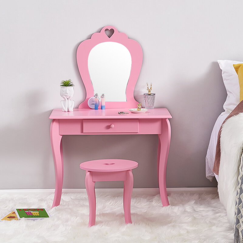 Panana Princess Girls Dressing Table Premium Quality Makeup Table Stool Mirror Little Kids Bedroom Girls Present White/ Pink