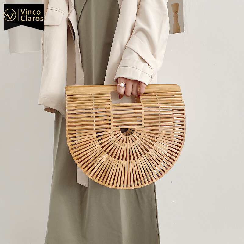 Bascket-Bolso de playa de bambú tejido para mujer, bolsa de paja, grande, Circular, hueca, de mano, bolso de viaje a la moda