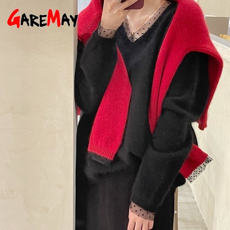 Autumn Winter 2021 Women's Oversize Sweater Soft Korean Beige V-neck Pullover Vintage Loose Knitted Warm Sweaters for Women