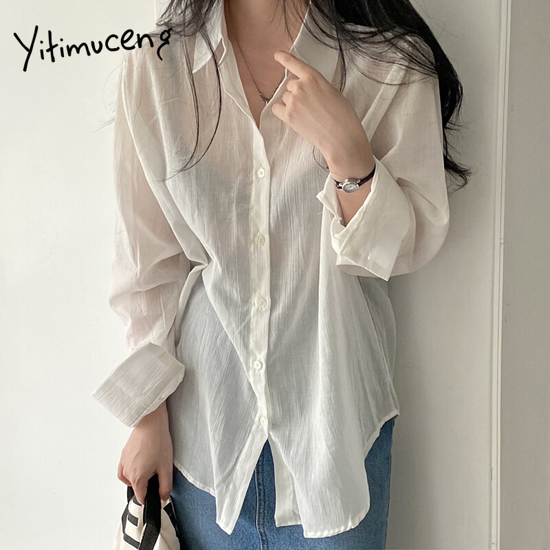 Yitimuceng camisa feminina oversize casual streetwear topos coreano moda blusa reta branco azul cinza manga comprida 2021 verão