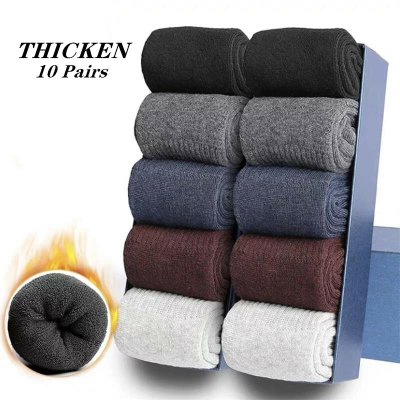 Calcetines de algodón de alta calidad para hombre, de longitud media medias de lana, cálidas, de rizo, gruesas, para negocios, para otoño e invierno, lote de 10 pares