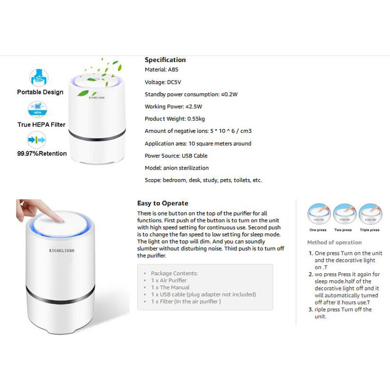RIGOGLIOSO Air Purifier Luft Reiniger für Haus HEPA Filter 5V USB Kabel Geräuscharm Luftreiniger mit Nacht Licht desktop GL2103