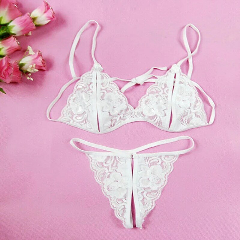 Ladies open-file sexy lace transparent three-point sexy underwear open crotch panties temptation suit