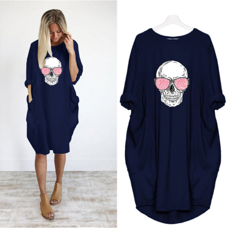 Vintage Loose Dresses Plus Size Women Skull Print Casual Long Sleeve Pockets Vestidos Party Femme Robe Woman Dress Streetwear