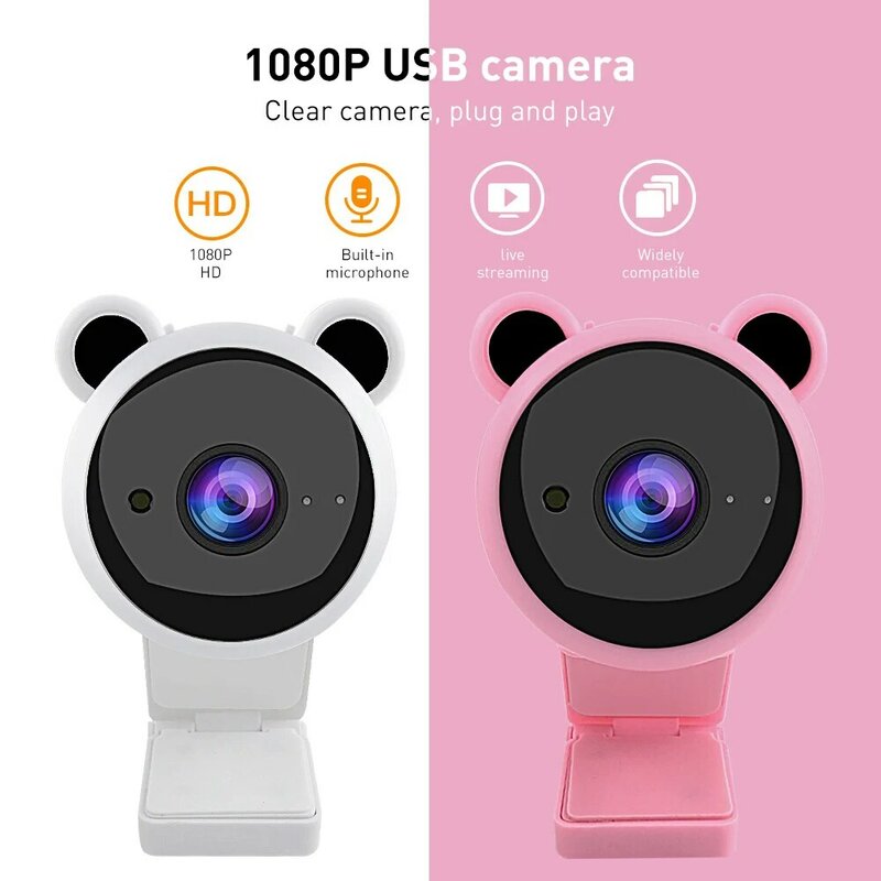 Śliczna kamera internetowa 1080P Full HD USB kamera internetowa era z mikrofonem komputerowa kamera internetowa na PC Laptop Youtube wideo wywołanie różowy biały