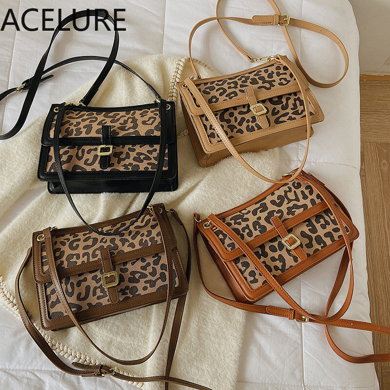 ACELURE Retro All-match Shoulder Underarm Bag Female Autumn and Winter New Fashion Crossbody Bags Leopard PU Small Square Bags