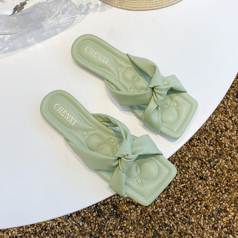 Flache Hausschuhe Sommer Strand Schuhe Weiblichen Niedrigen Heels Slides 2021 Weiche Flache Schuhe Frauen Plissee Bowknot Mode Hausschuhe