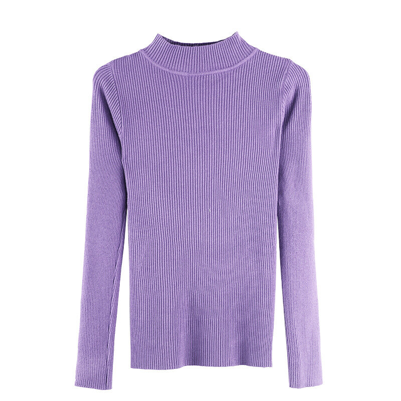 Ukuran Wanita Sweater Musim Gugur Lengan Panjang Tipis Berleher Tinggi Matte Peregangan Biru Rajutan Pullover Tops Sweater